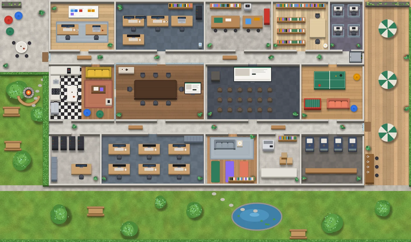 A large office floor seen from above: fifteen rooms around two corridors, a terrace with umbrellas, and a garden with a pond.